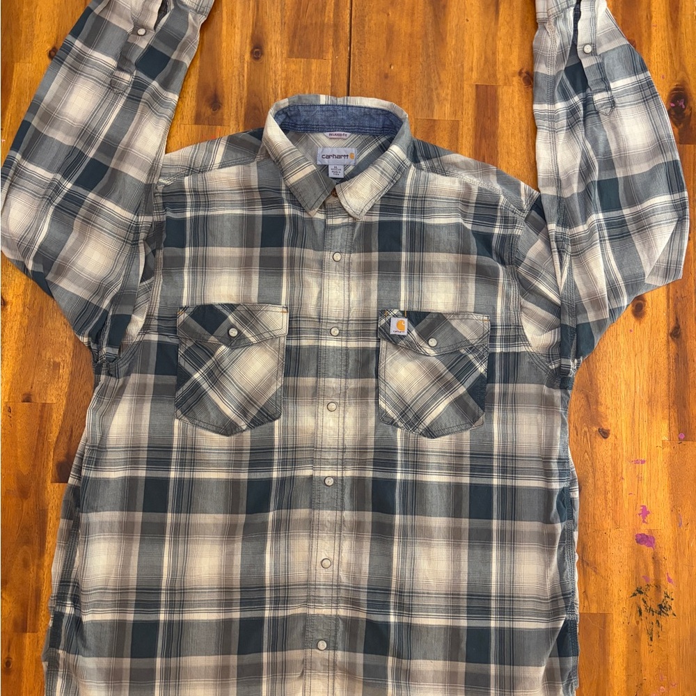 Carhartt Men's Gray and Blue Plaid Button-Down Work Shirt
